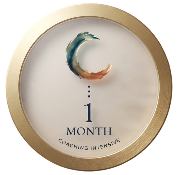 A round wall clock with a gold rim, displaying the message '1 MONTH COACHING INTENSIVE' and a colorful crescent shape at the top.