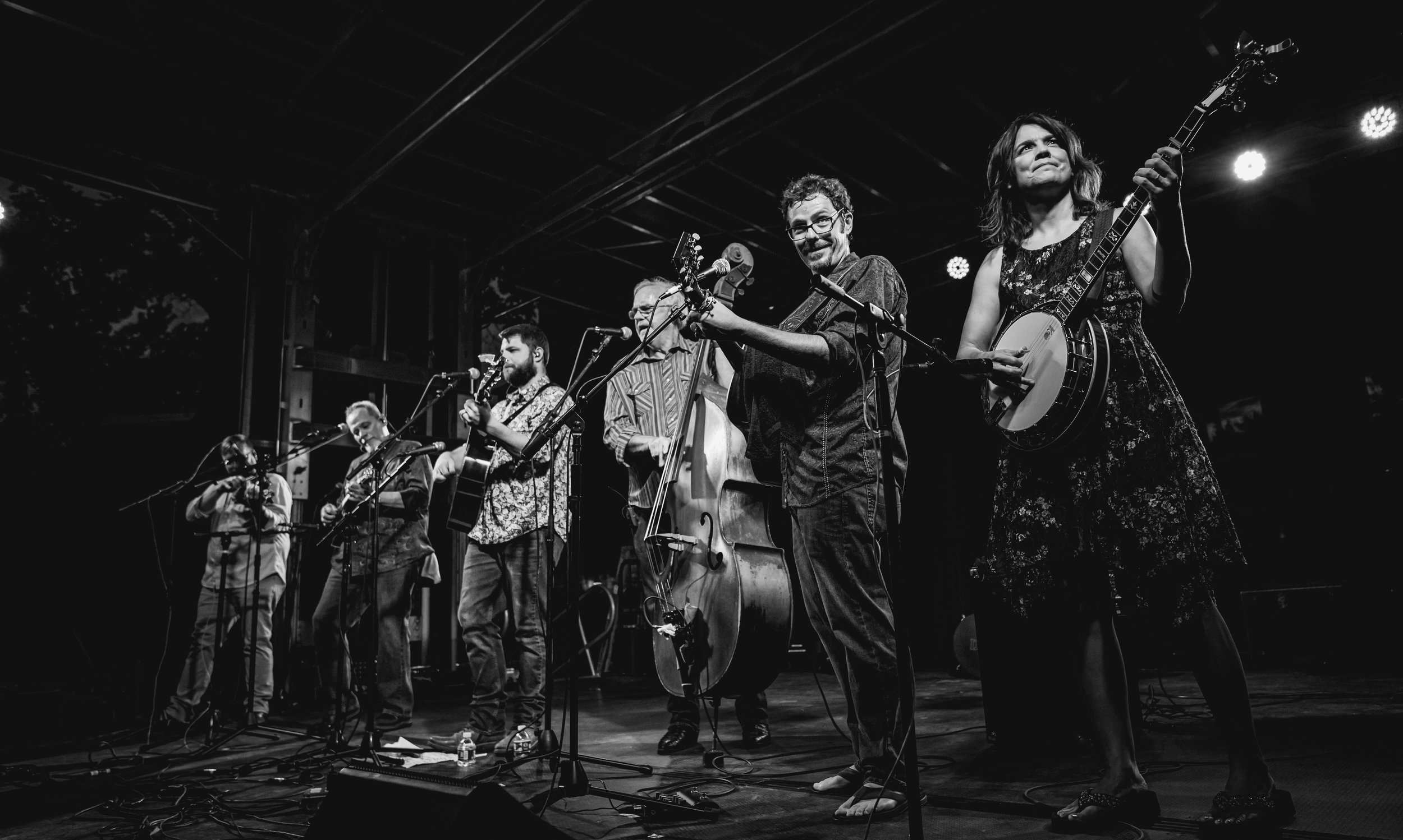 Group of musicians performing on stage, with four playing string instruments and singing, under stage lights, in black and white.