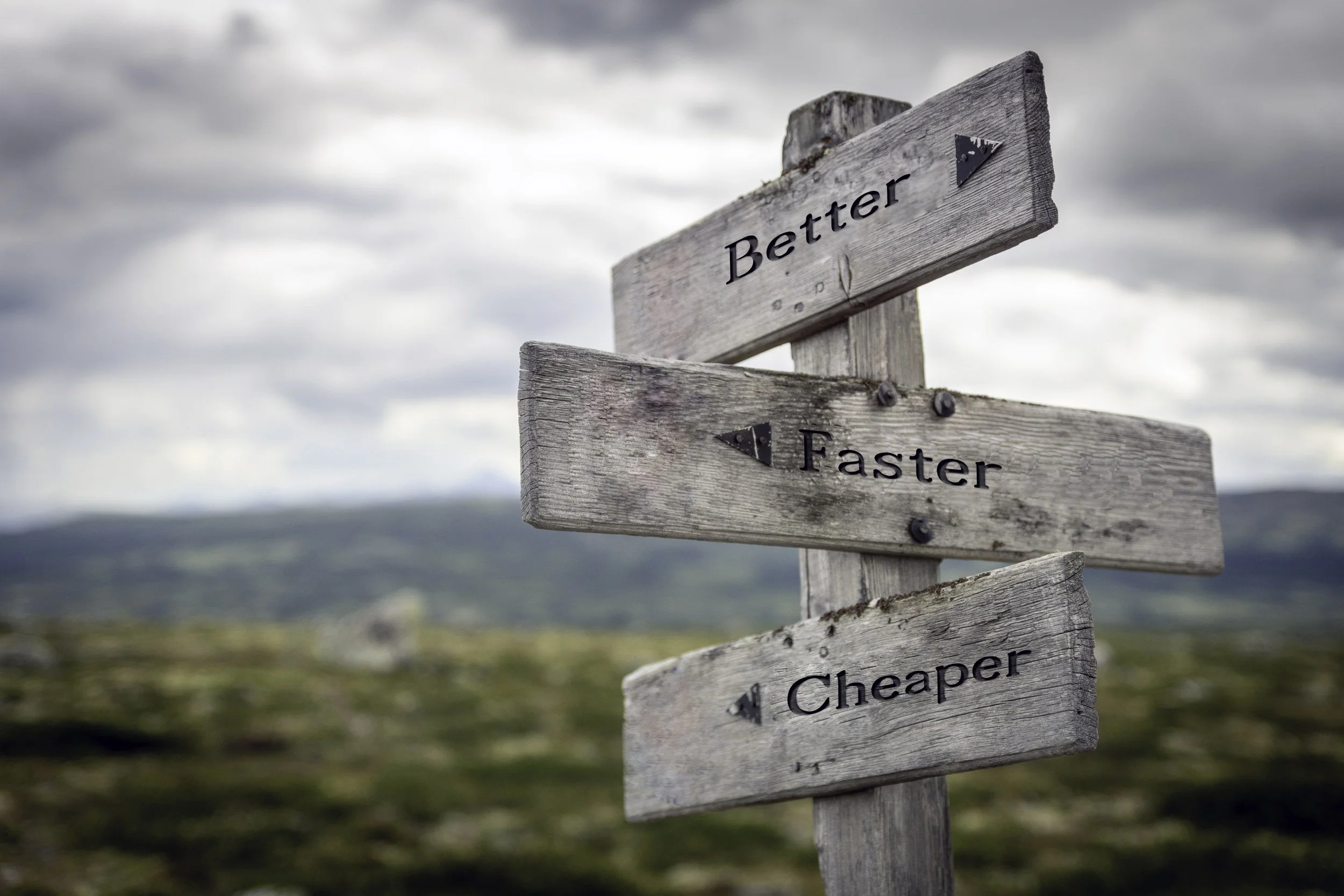Wooden signpost with arrows pointing to Better, Faster and Cheaper