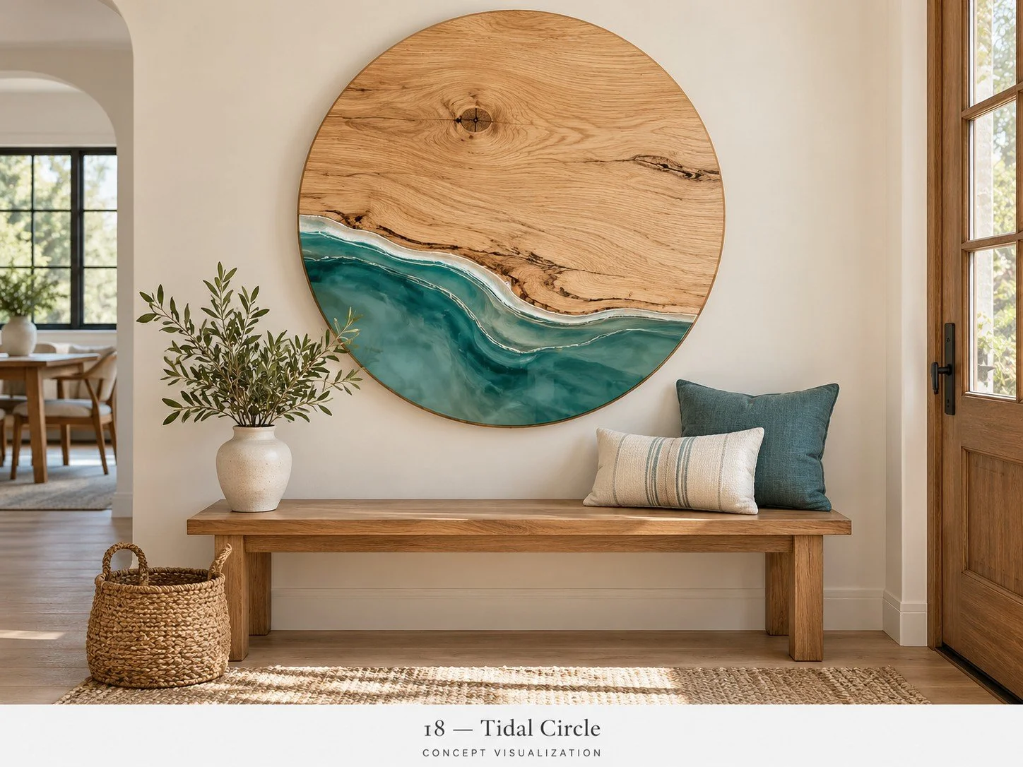 Concept 18 — Tidal Circle
A circular wood panel with a teal resin accent brings coastal color to natural grain.