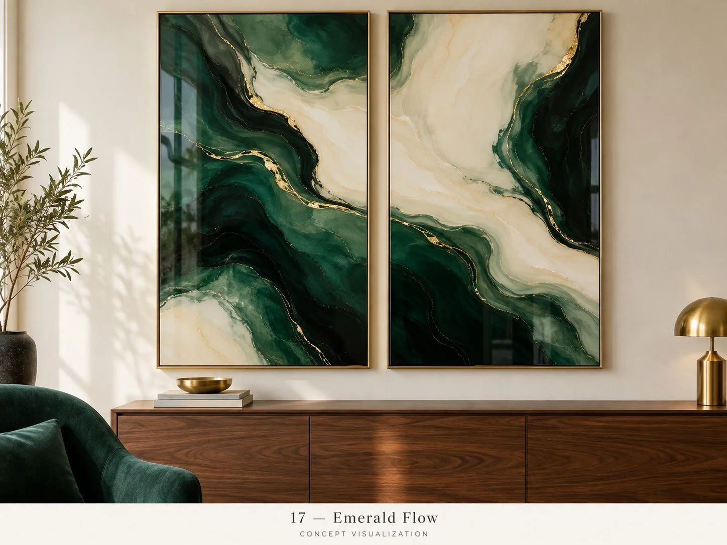 Concept 17 — Emerald Flow
An emerald-and-ivory pair with gold accents connects rich upholstery and metallic decor.