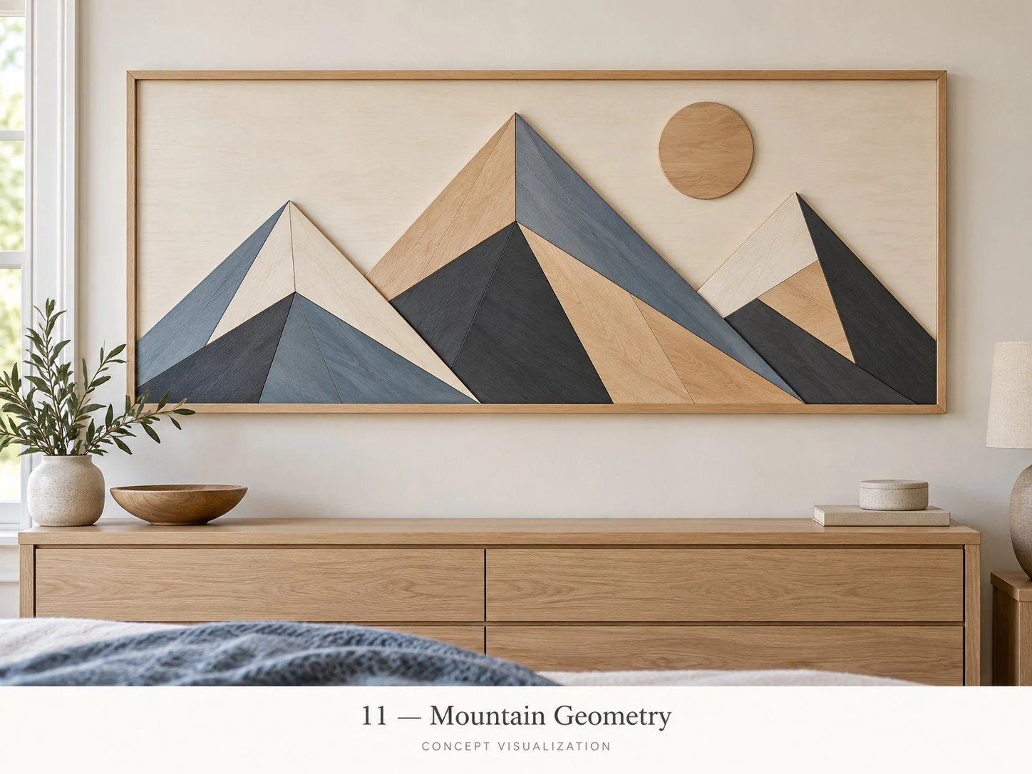 Concept 11 — Mountain Geometry
Angular mountain forms combine exposed grain and painted accents.