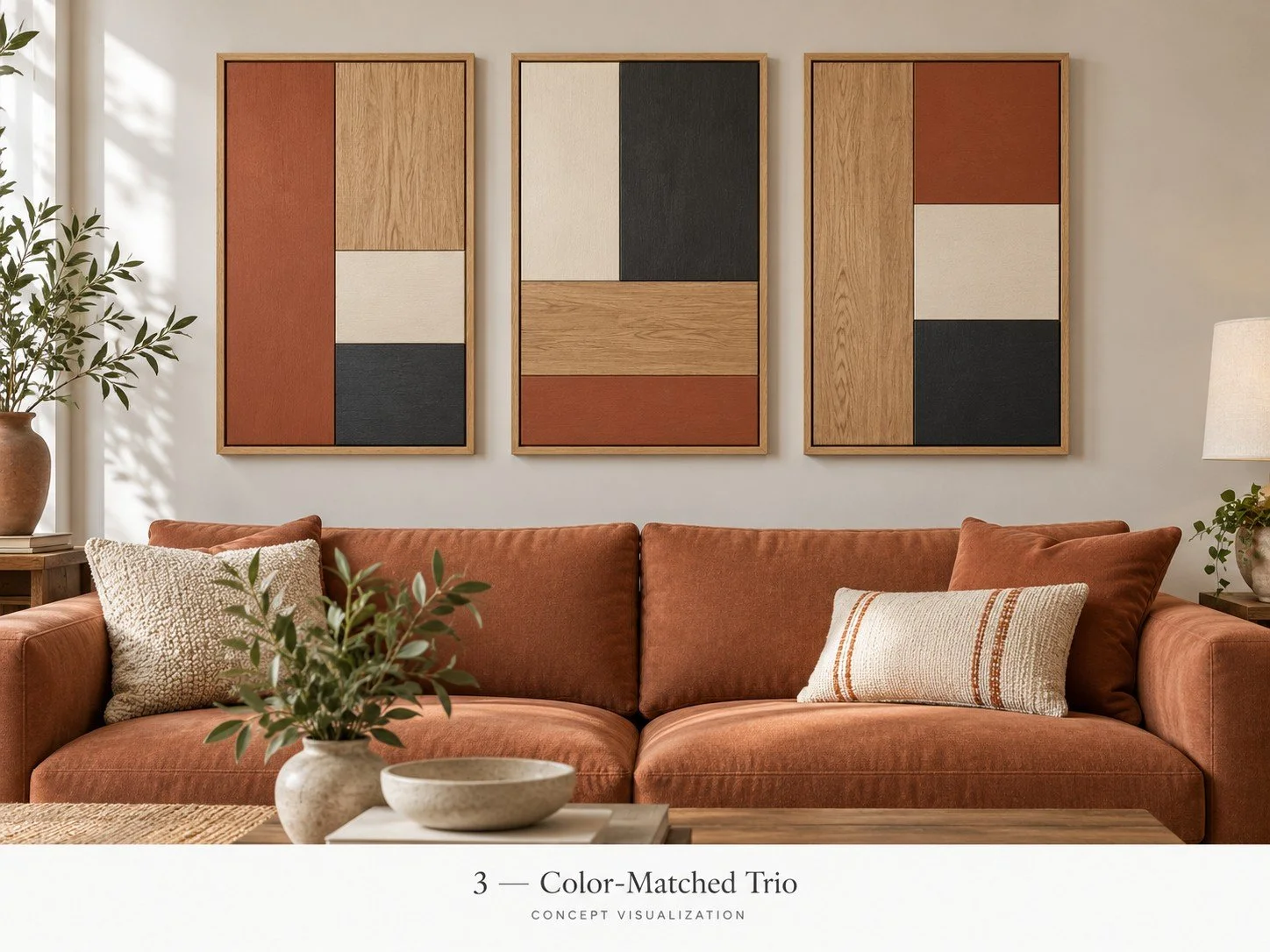Concept 03 — Color-Matched Trio
Three complementary compositions combining natural wood with your chosen accent colors.