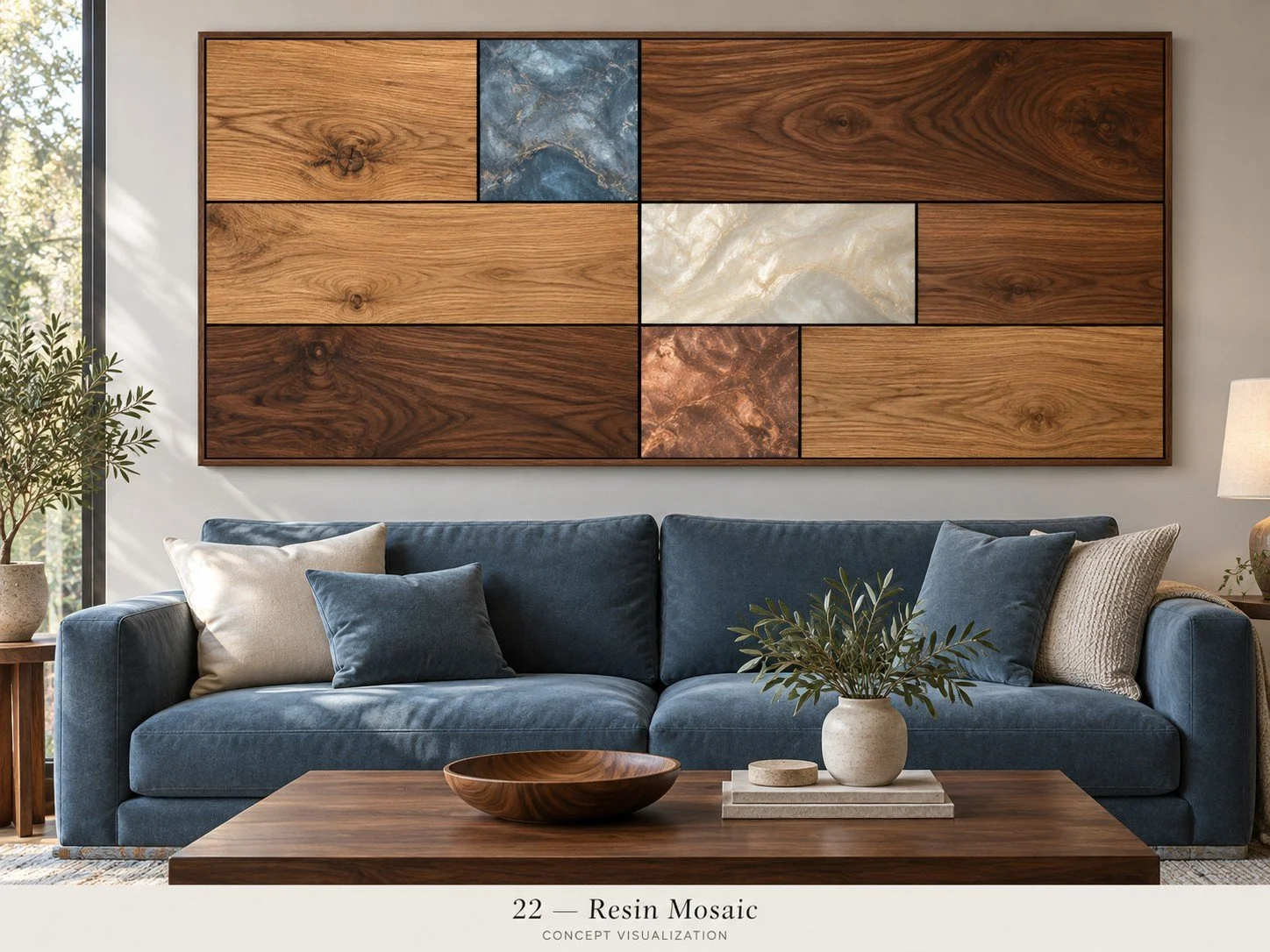 Concept 22 — Resin Mosaic
A grid of wood and resin accents brings several room colors into one piece.