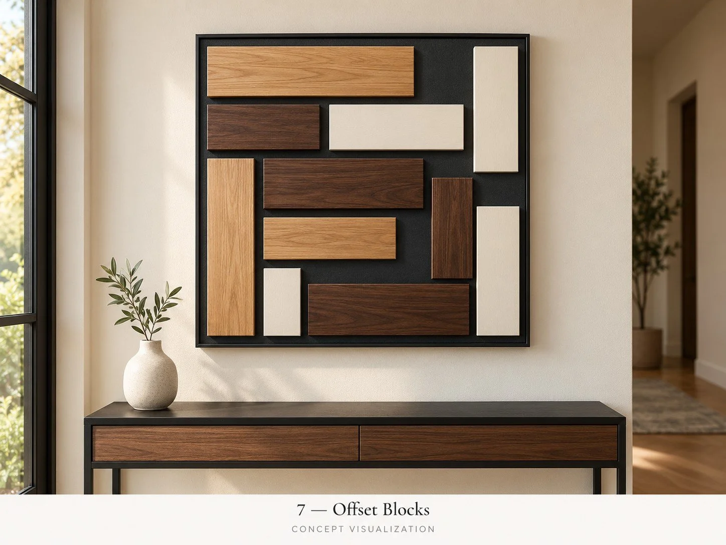 Concept 07 — Offset Blocks
An architectural arrangement of wood and painted blocks with contrasting depth.