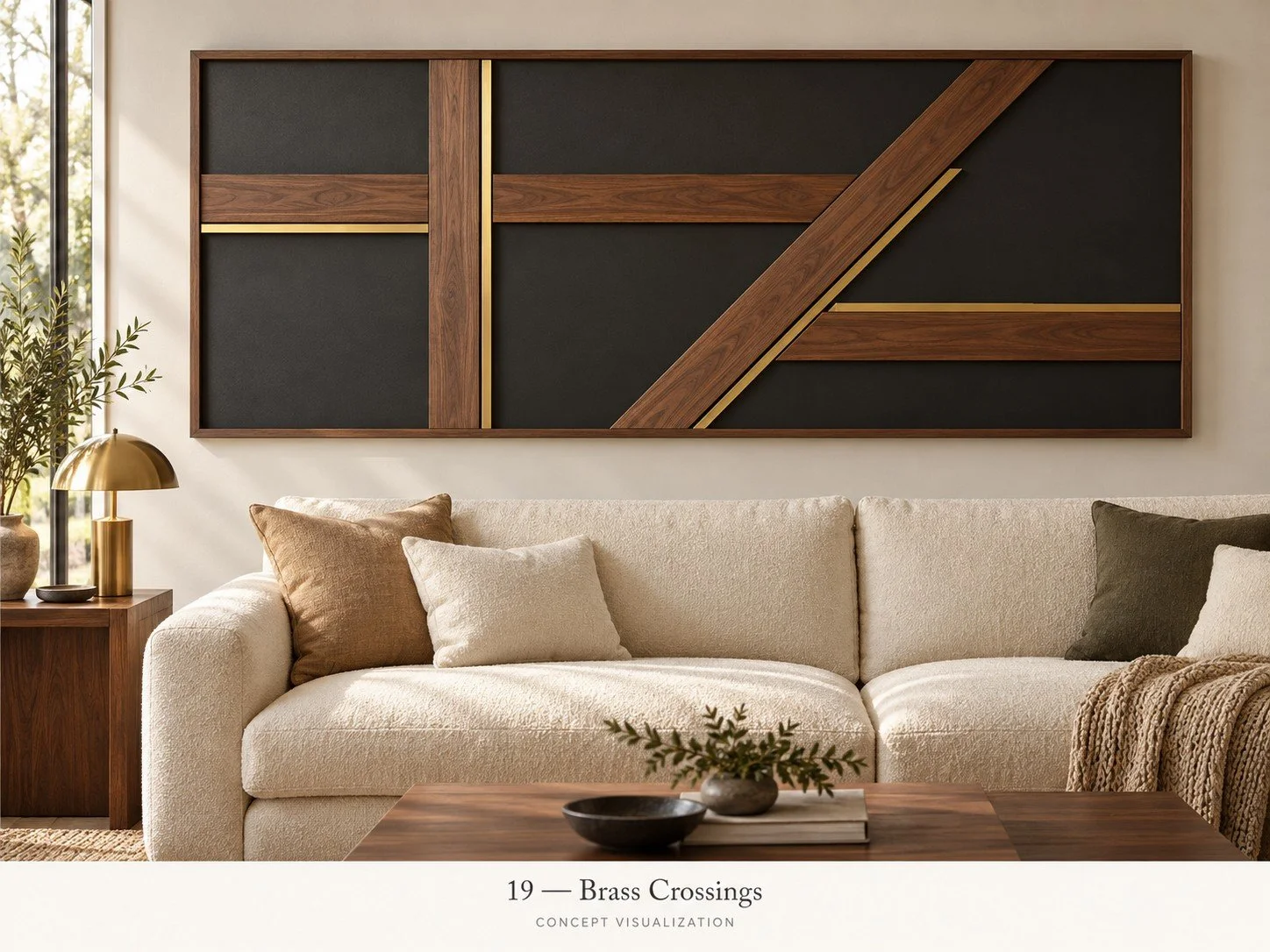 Concept 19 — Brass Crossings
Wood lines and brass accents connect furniture tones with metallic details.