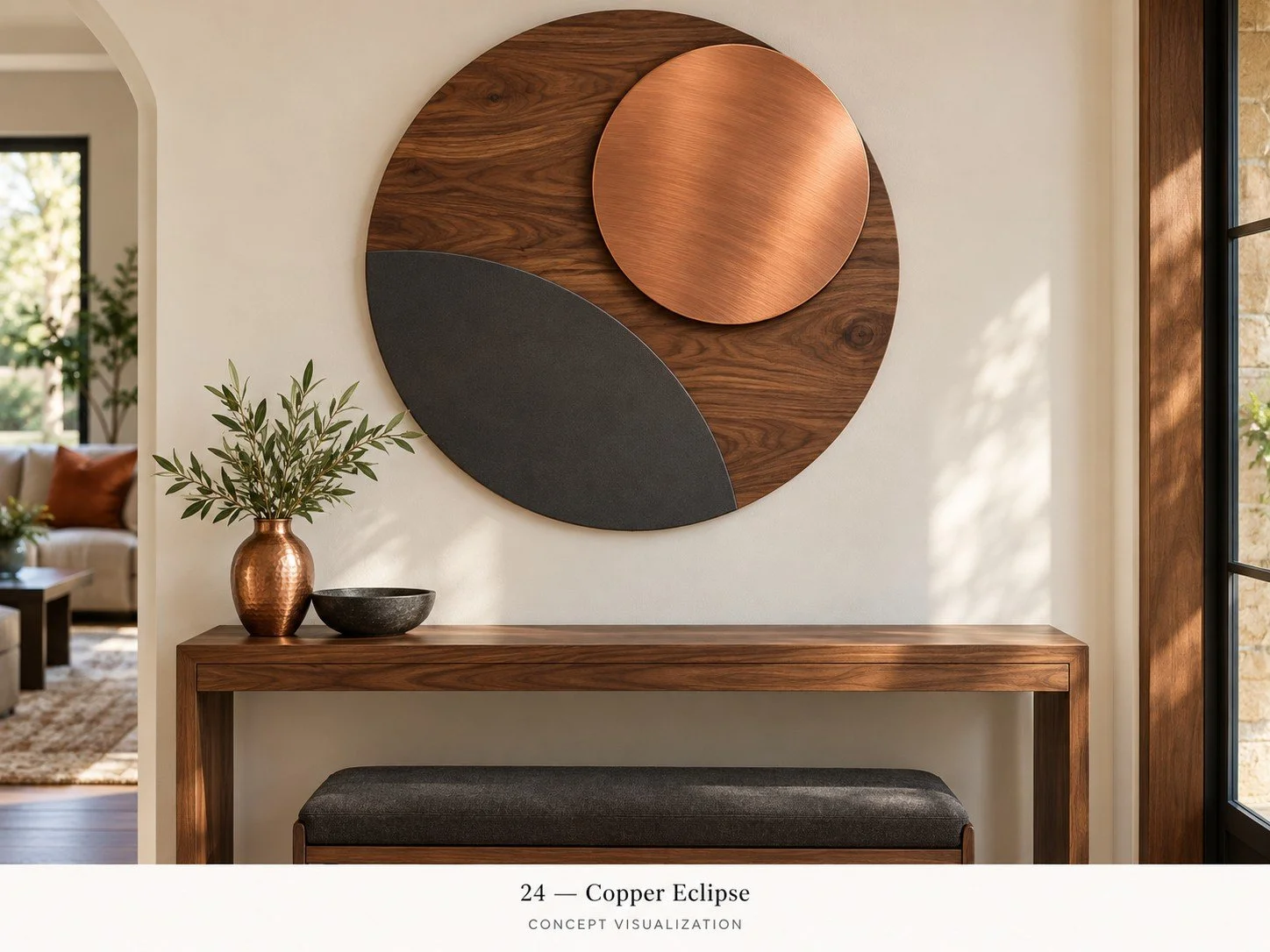 Concept 24 — Copper Eclipse
Layered walnut, charcoal and copper-toned circles form a bold sculptural accent.