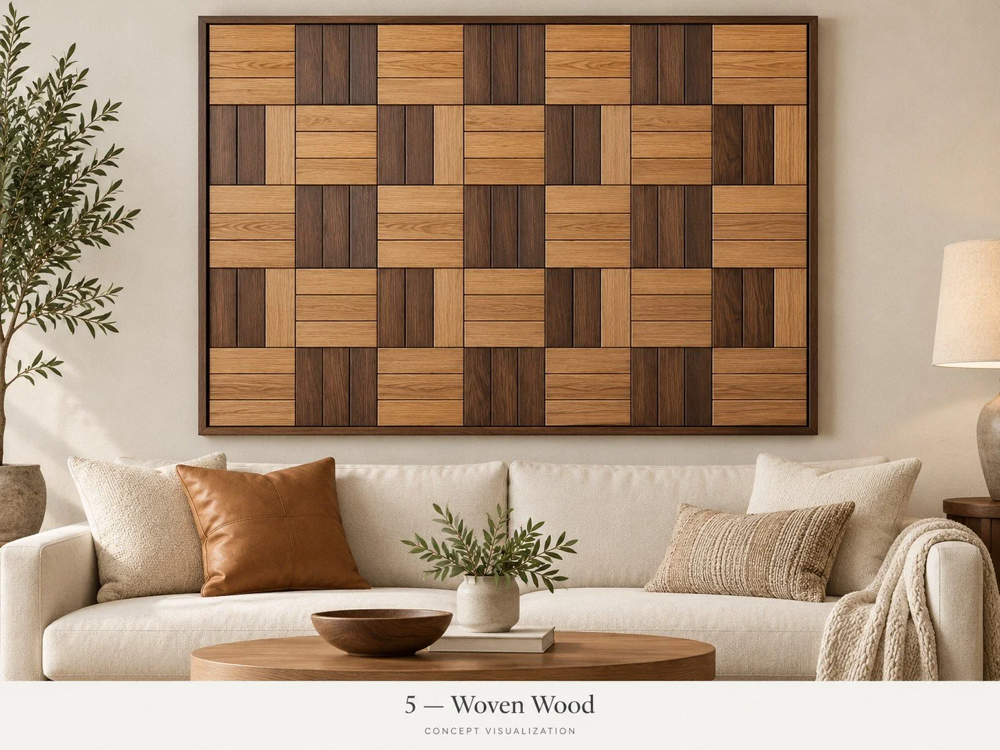 Concept 05 — Woven Wood
Alternating wood sections form a parquet-inspired pattern with contrasting grain and stain.