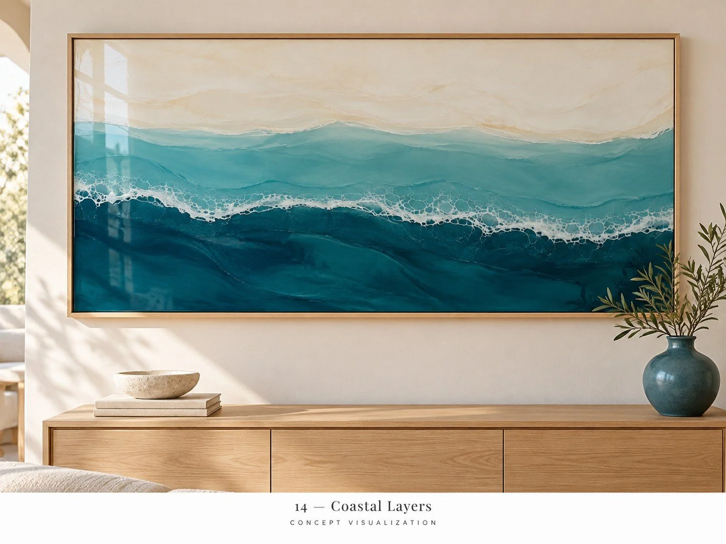 Concept 14 — Coastal Layers
Ocean-inspired layers of teal and ivory create a glossy coastal focal point.