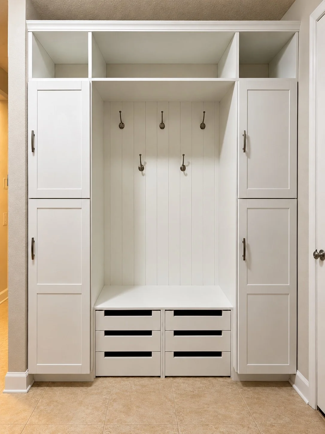 Custom white mudroom storage with a central bench, hooks, and tall cabinets.