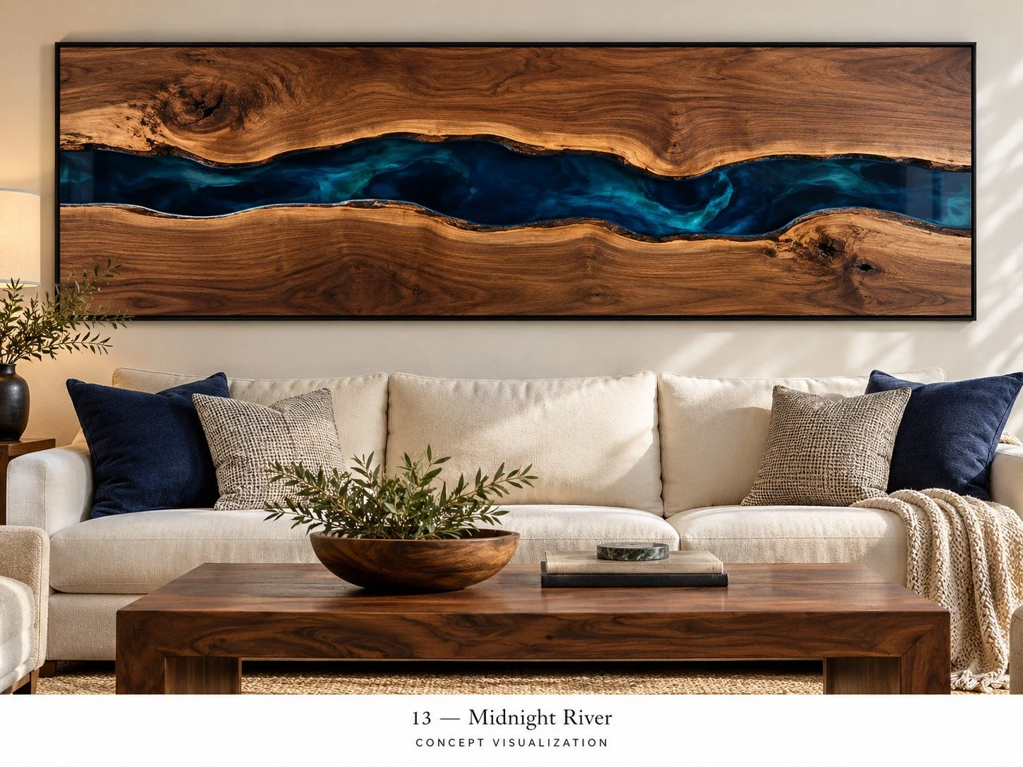 Concept 13 — Midnight River
A flowing blue resin accent runs through rich natural wood.