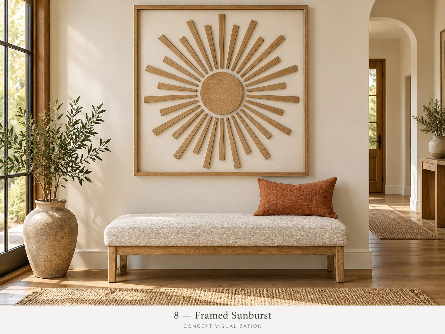 Concept 08 — Framed Sunburst
A warm wood sunburst offers a focal point within a clean square frame.