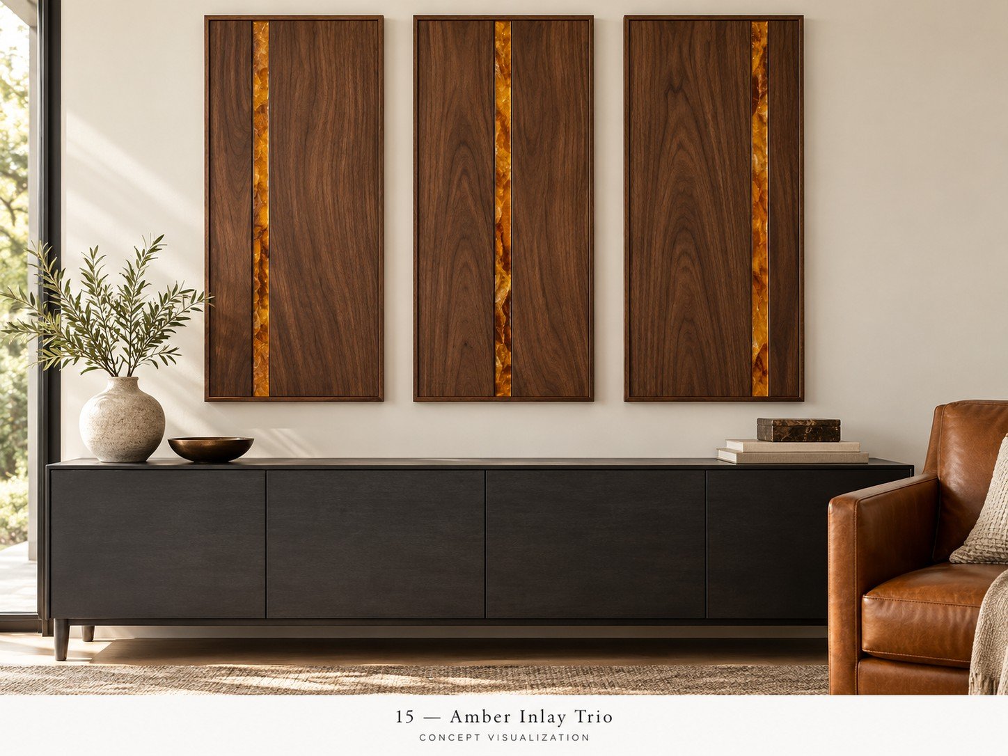 Concept 15 — Amber Inlay Trio
Three wood panels feature narrow amber resin accents in a balanced arrangement.