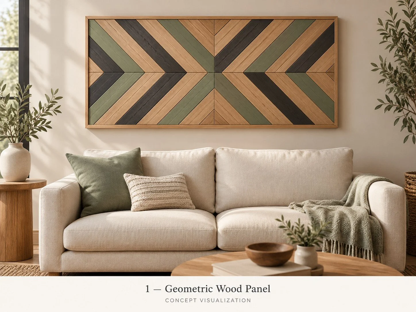 Concept 01 — Geometric Wood Panel
An angular wood pattern with painted accents selected to complement your room.