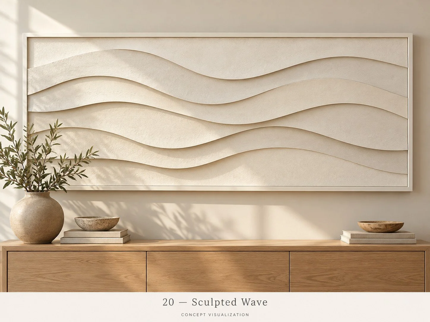Concept 20 — Sculpted Wave
Broad layered curves add movement and shadow in a quiet neutral finish.