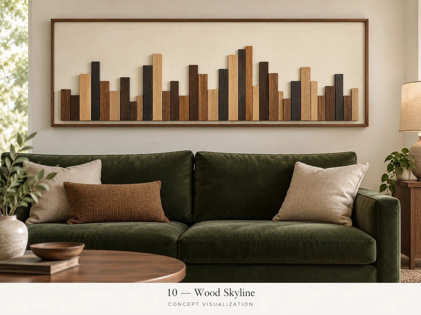 Concept 10 — Wood Skyline
A skyline-inspired arrangement brings varied wood tones into one long composition.