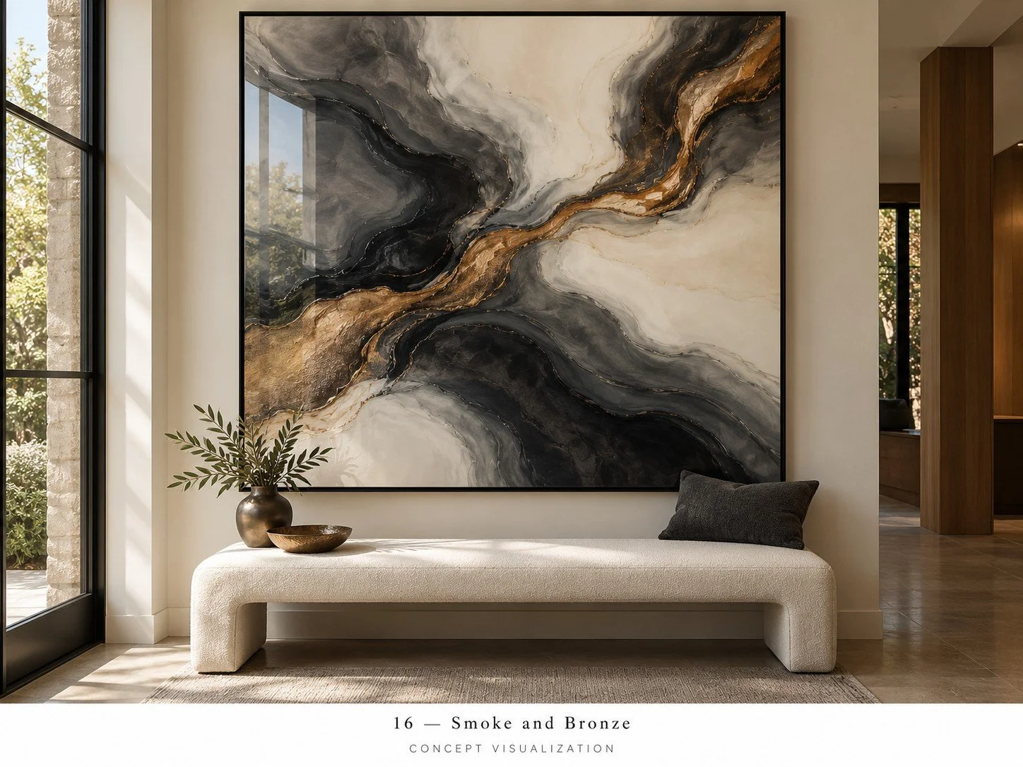 Concept 16 — Smoke and Bronze
Smoky charcoal, ivory and metallic bronze flow across an abstract resin concept.