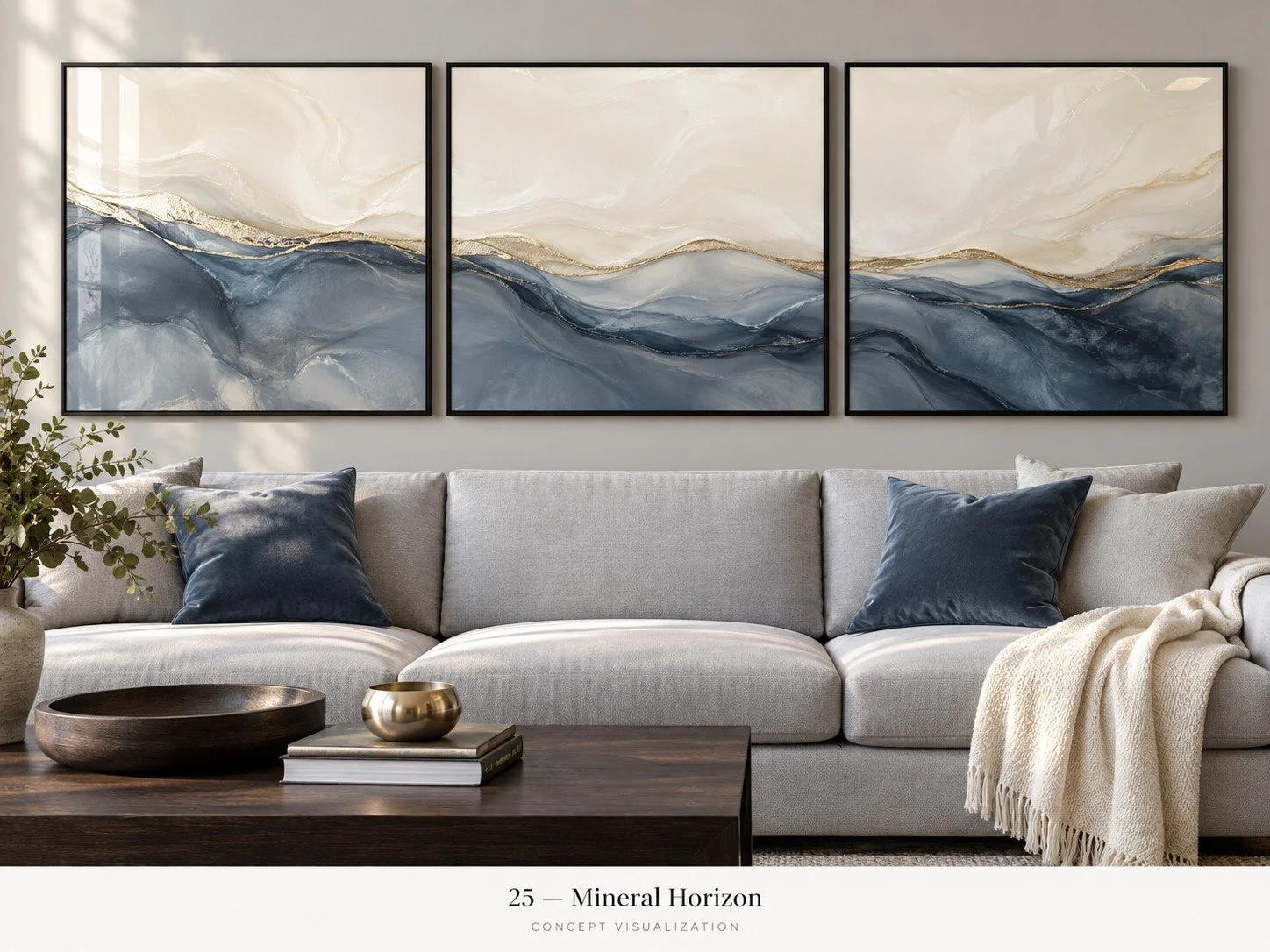 Concept 25 — Mineral Horizon
A flowing slate-blue, ivory and champagne composition spans three coordinating panels.