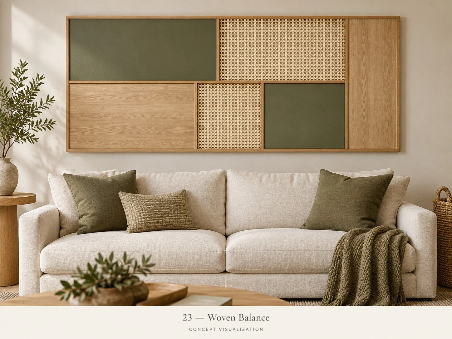 Concept 23 — Woven Balance
Woven cane, wood and painted panels create a warm composition with natural texture.