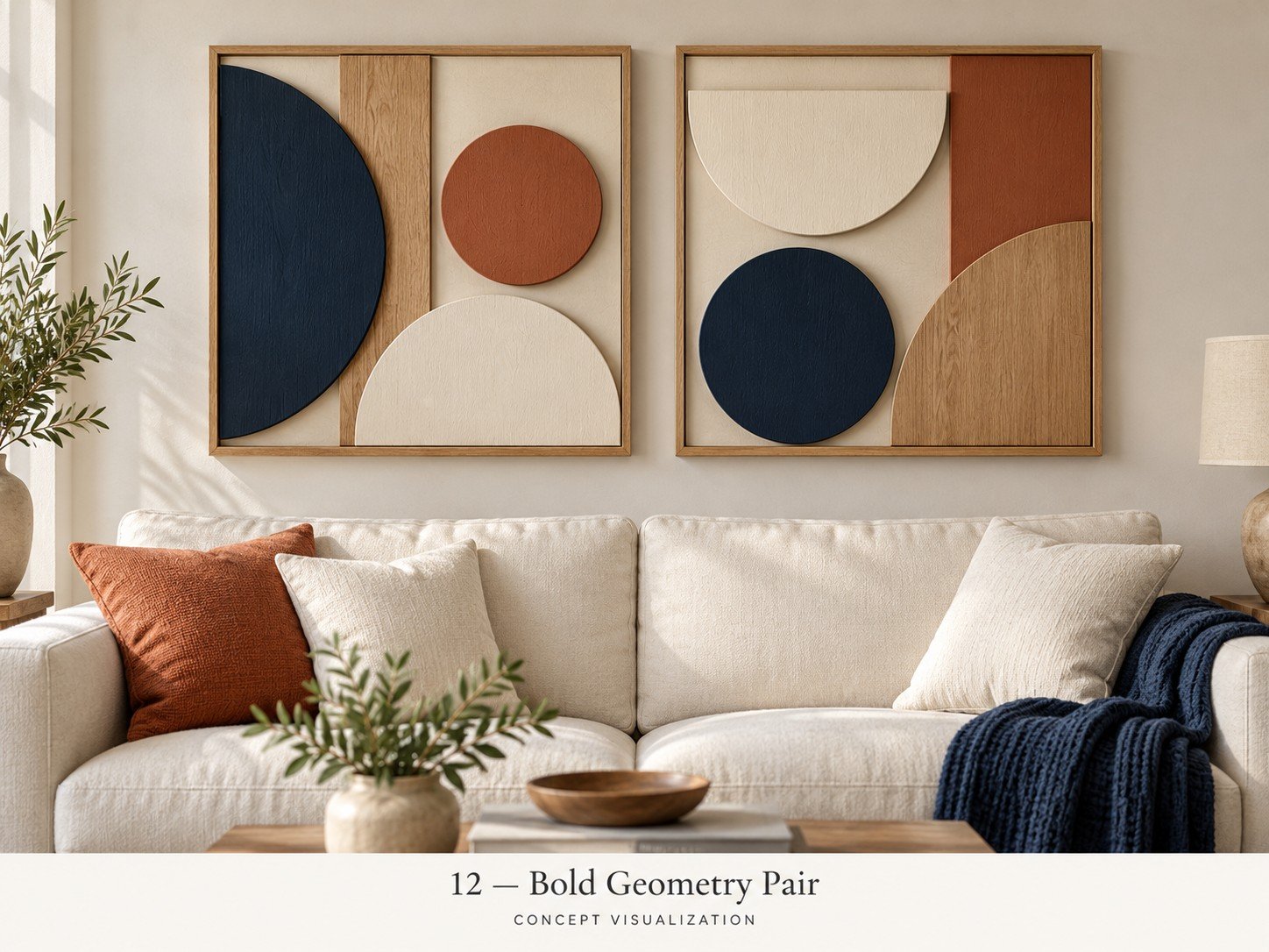 Concept 12 — Bold Geometry Pair
Circles, curves and color blocks connect your furnishings across a coordinated pair.