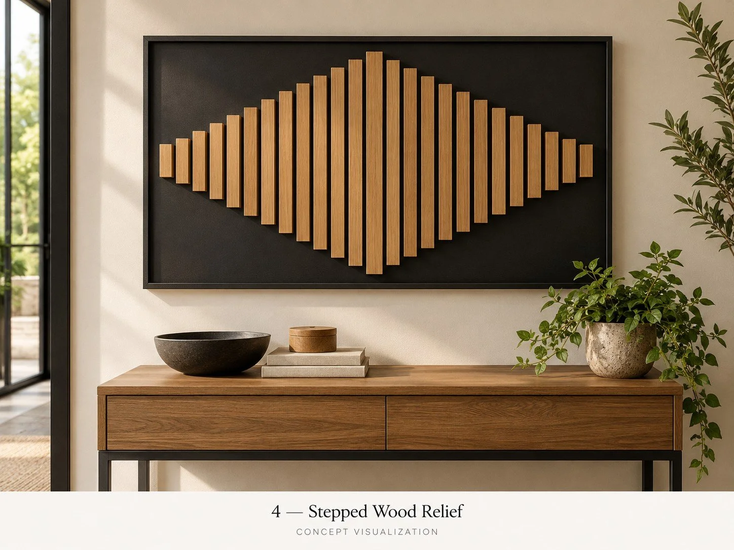 Concept 04 — Stepped Wood Relief
Graduated wood strips create a sculptural centerpiece against a contrasting backdrop.