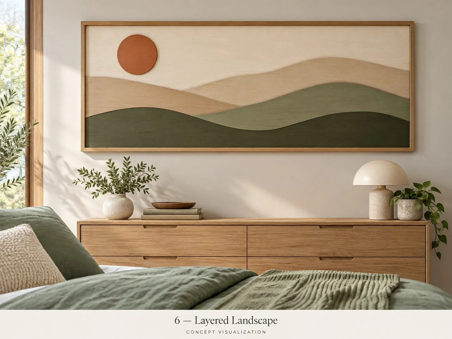 Concept 06 — Layered Landscape
Soft layered hills bring your room’s palette into a calm landscape composition.