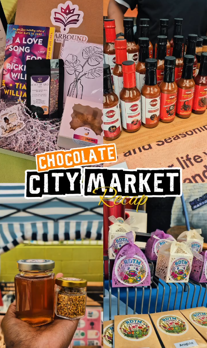 Collage of items from a city market, including chocolate, hot sauce, honey, and soap, with a 'Chocolate City Market Recap' overlay.
