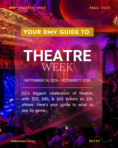 Poster for DMV Theater Week Guide, September 24 to October 11, 2026, with a theater stage and audience in the background.