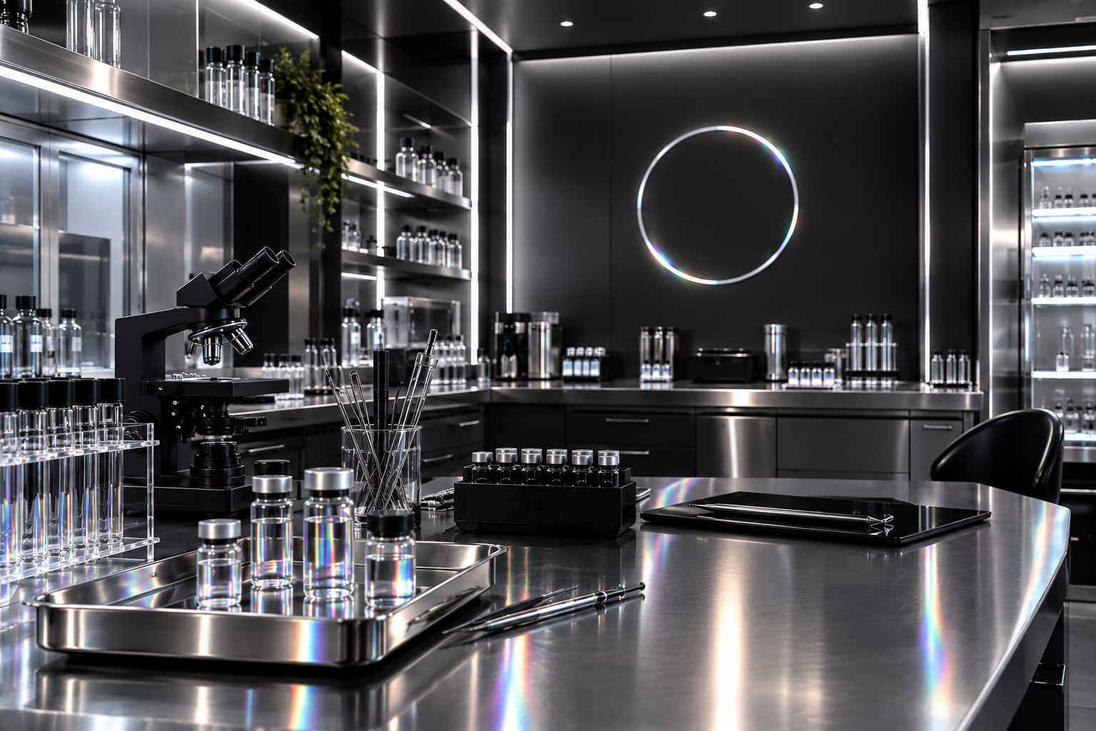 A modern scientific laboratory with stainless steel countertops, shelves filled with glass bottles, a microscope, test tubes, and a circular light fixture on the wall.