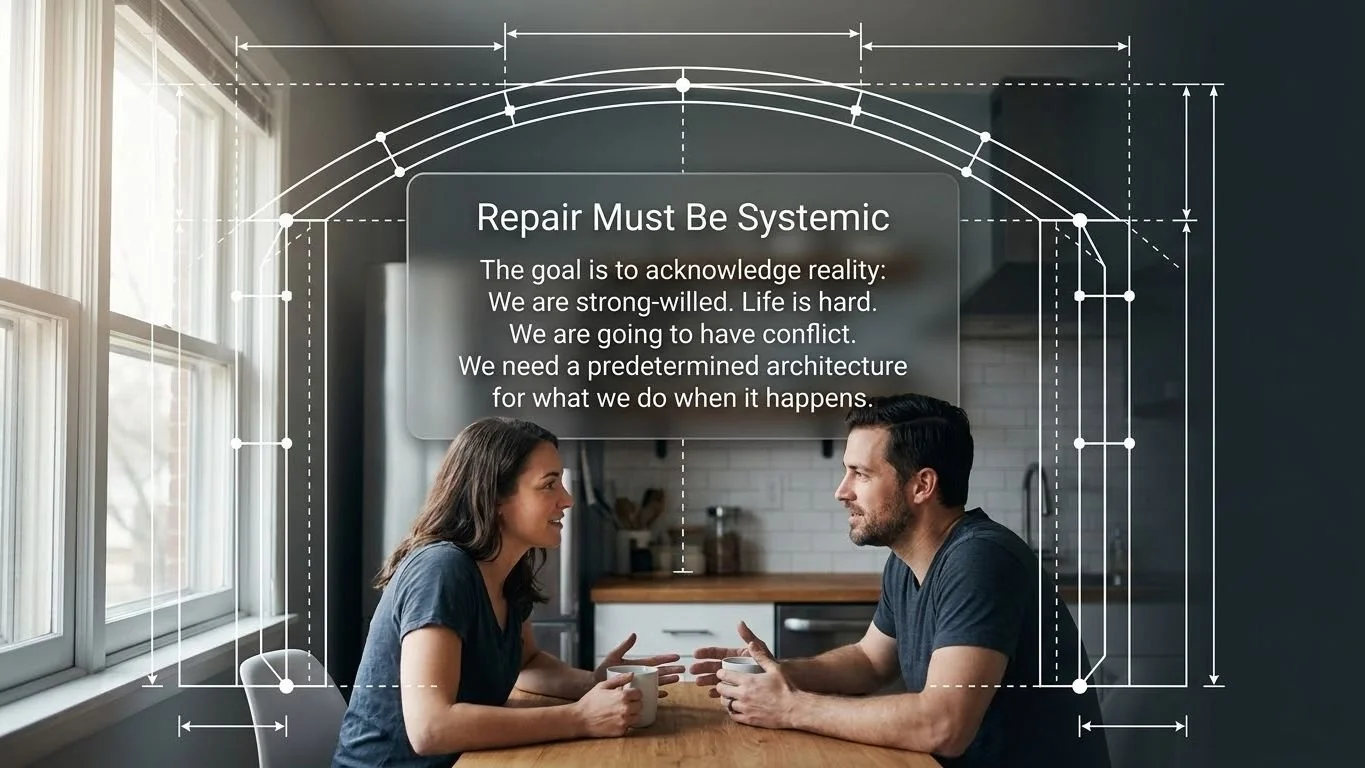Two people sitting at a kitchen table, engaged in a conversation, with a text overlay discussing the importance of systemic repair, and architectural diagrams surrounding them.