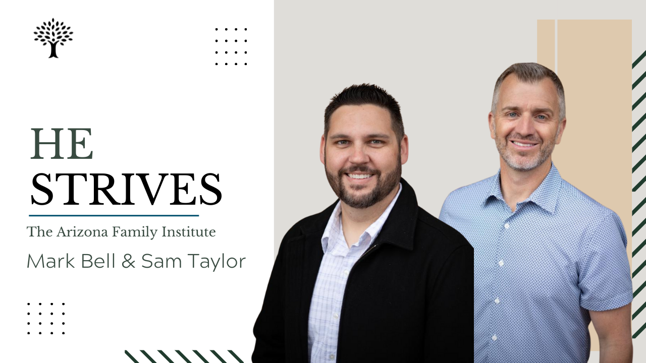 Cover image for a podcast or event titled "He Strives" featuring Mark Bell and Sam Taylor, with photos of both men smiling, set against a modern, minimalist background with abstract shapes.