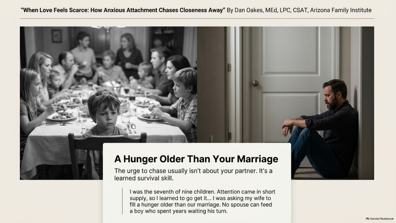 A split image showing a lively, full family dinner with children and adults at a table on the left, and a man sitting alone in a corner on the right, looking down with a sad expression.