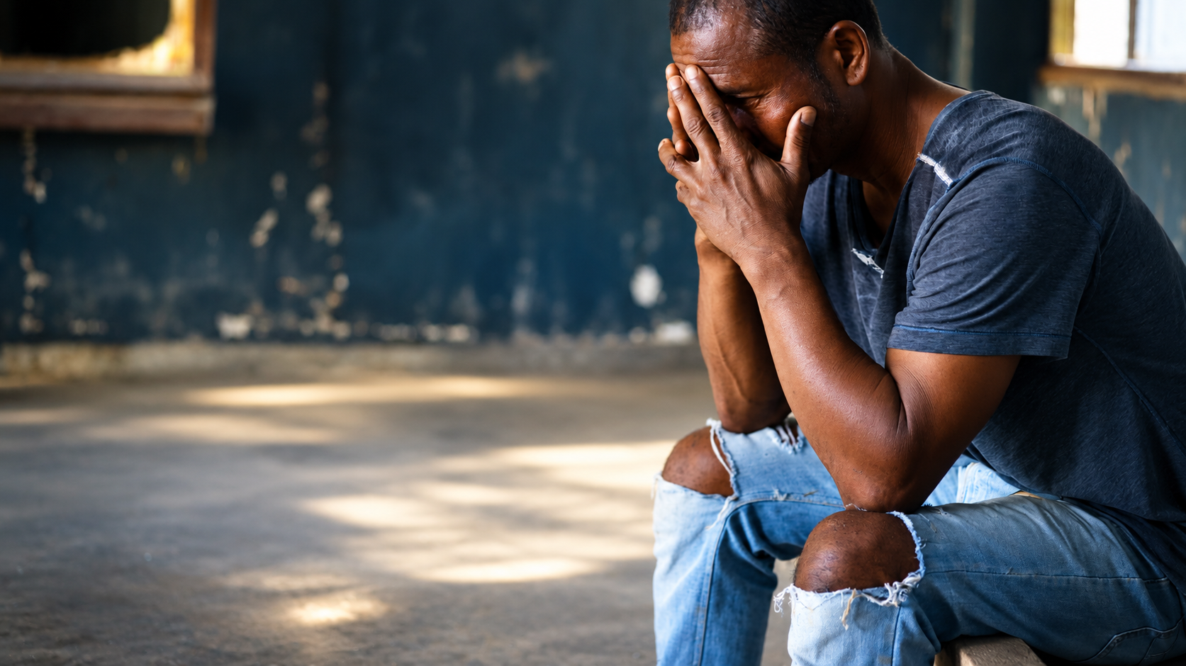 A man sitting inside a worn building, holding his face in his hands, appearing distressed or upset.