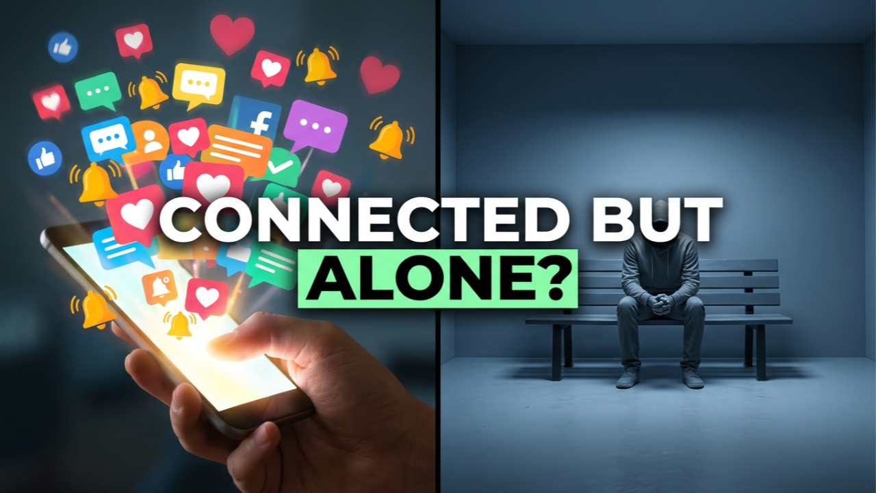 A split image with social media icons and notifications coming from a smartphone on the left side, and a person sitting alone on a bench in a dimly lit room on the right side, with the text "Connected but Alone?" overlayed.