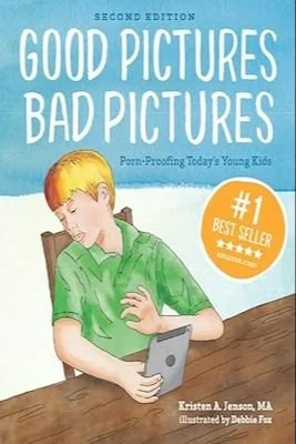 Book cover titled "Good Pictures Bad Pictures" with a boy looking at a tablet, wearing a green shirt, with a blue sky background.