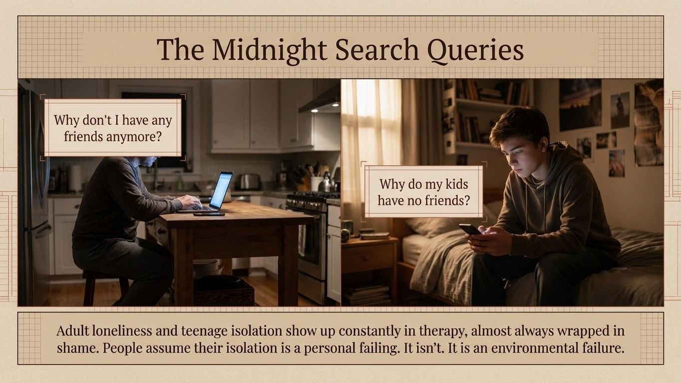 A split image shows an older man and a teenage boy in their respective rooms, both focused on their electronic devices. The man is in a kitchen, working on a laptop at a wooden table, with a text overlay asking, "Why don’t I have any friends anymore?" The boy is sitting on his bed in a bedroom, looking at his phone, with a text overlay asking, "Why do my kids have no friends?" A caption below notes that adult loneliness and teenage isolation are environmental issues rather than personal failings.