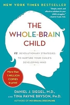 Book cover titled 'The Whole-Brain Child' by Daniel J. Siegel and Tina Payne Bryson, featuring a silhouette of a child's head with colorful text and a red circular label stating 'More than 1 million copies in print!'