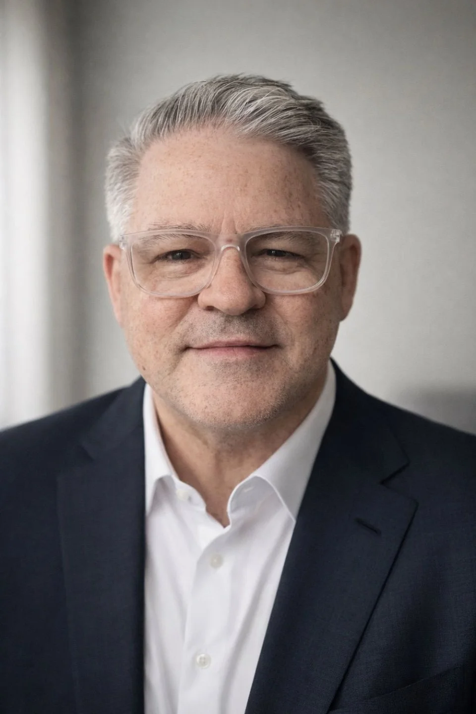 A middle-aged man with gray hair, wearing glasses, a white shirt, and a dark suit, smiling slightly at the camera.