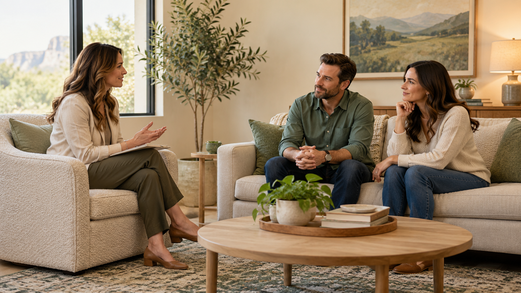 A woman in a beige blazer sitting on a beige armchair, engaged in a conversation with a man and a woman sitting on a tan sofa in a cozy living room. The woman on the sofa is wearing a white sweater, and the man is wearing a green shirt. There are plants, books, and a framed landscape painting in the background.
