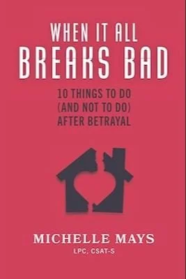 Book cover titled 'When It All Breaks Bad: 10 Things to Do (and Not to Do) After Betrayal' by Michelle Mays, with a pink background and a black outline of a house and fractured heart.