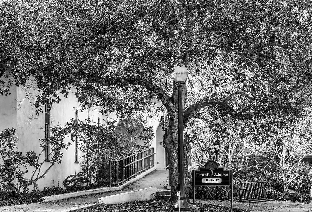 Black and white photo of a town library surrounded by trees and bushes, with a lamp post and a sign reading "Town of Atherton Library."