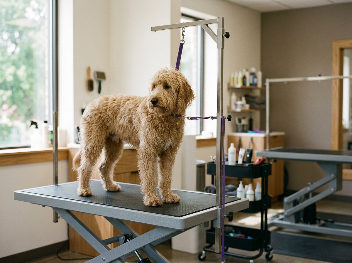 A dog standing on a grooming table in a pet grooming salon, secured with a purple leash, with grooming tools on the wall behind and bottles of grooming products on shelves.