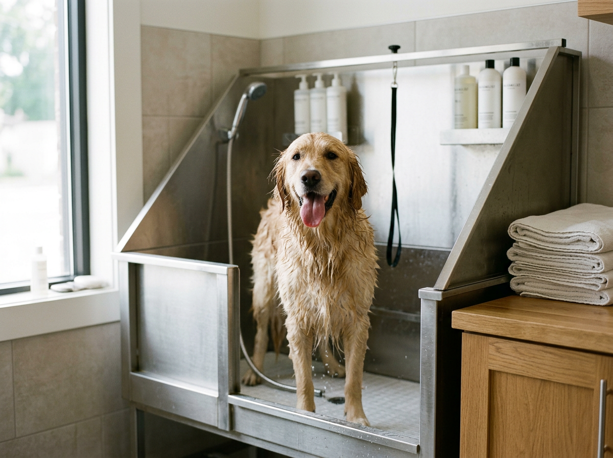 A happy golden retriever standing in a dog bathing station with a shower, on a tiled floor with a window nearby.