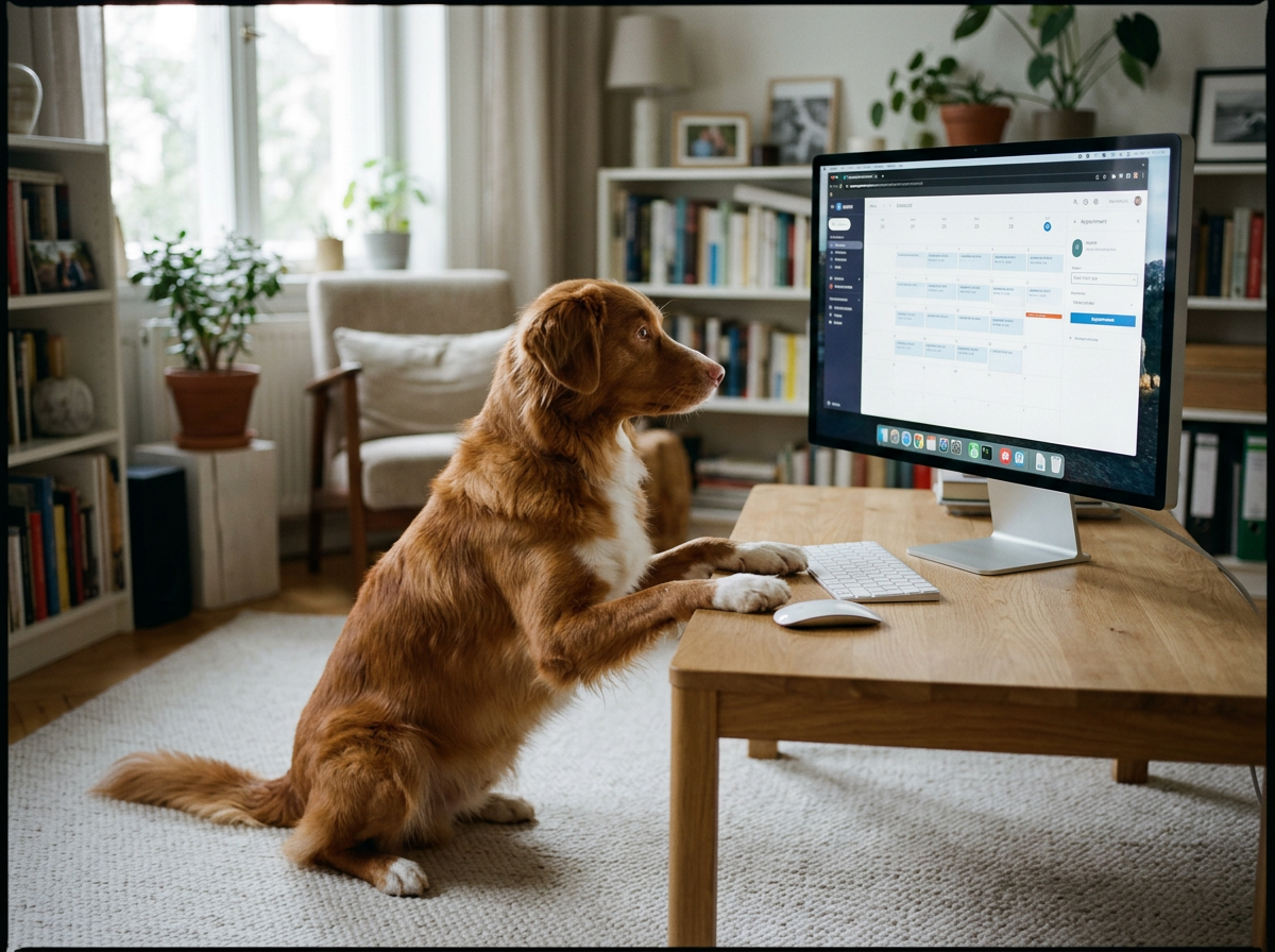 A dog sitting upright on a rug at a wooden desk, looking at an iMac computer monitor displaying a calendar or scheduling app, in a cozy living room with bookshelves, plants, and a window with natural light.