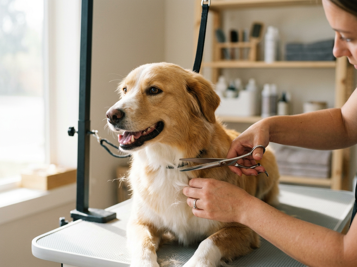 Dog getting groomed or trimmed at a grooming table by a groomer in a veterinary or grooming salon.