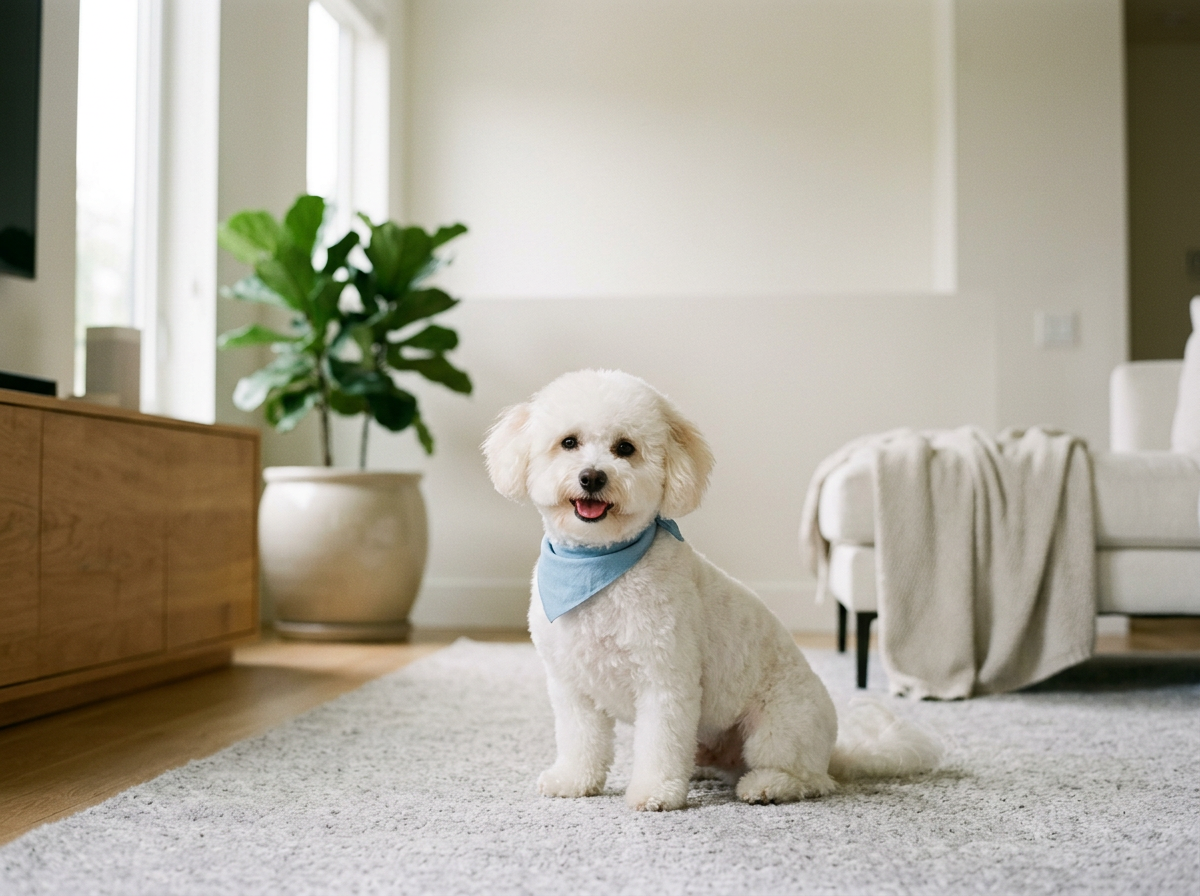 A small white dog with a blue bandana sitting on a light-colored rug in a modern living room, with a large potted plant and a white sofa in the background.