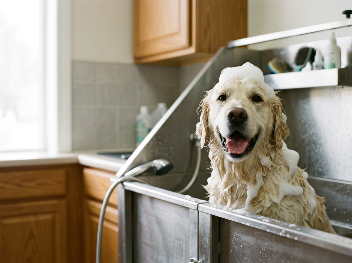 Golden retriever dog with soap on its head and fur in the grooming sink, smiling during a bath in a kitchen or grooming area.