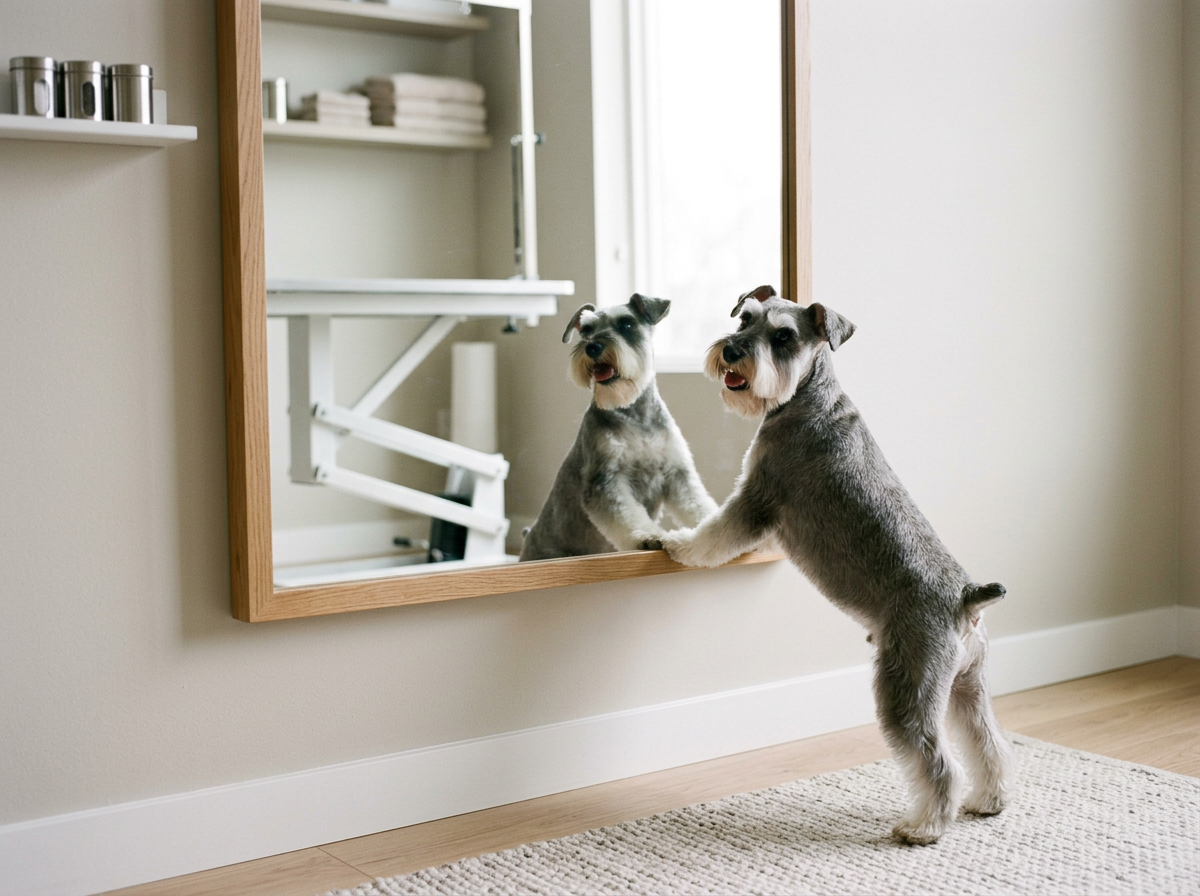 A Schnauzer dog looking at its reflection in a large wall mirror.