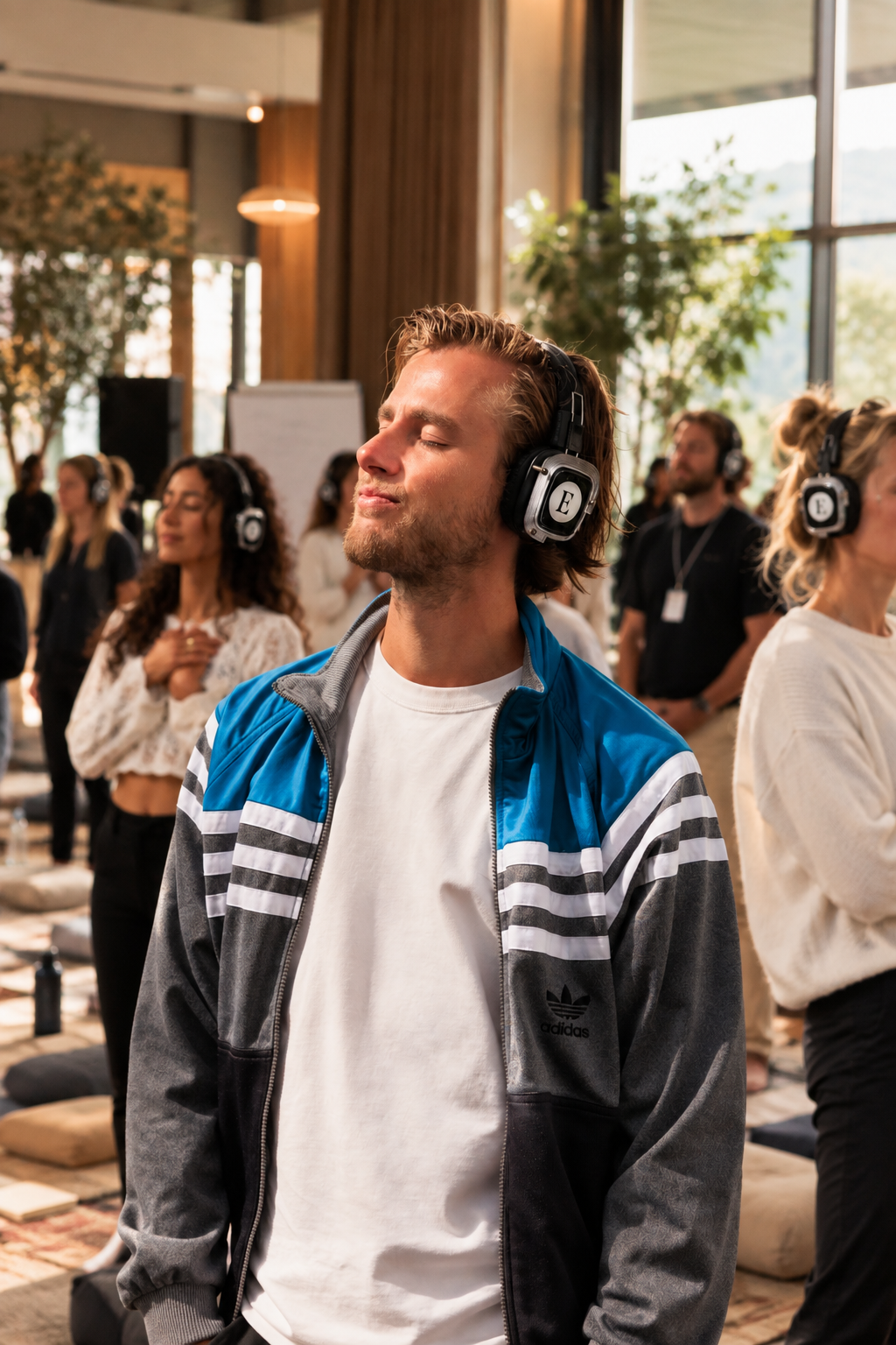 Group of people meditating with headphones on in a bright room with large windows and natural light.