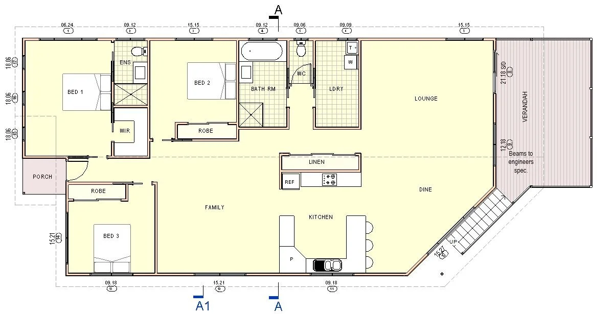 Floor plan of a house with three bedrooms, two bathrooms, a laundry room, a lounge, a family area, a kitchen, a dining area, a porch, and a verandah.